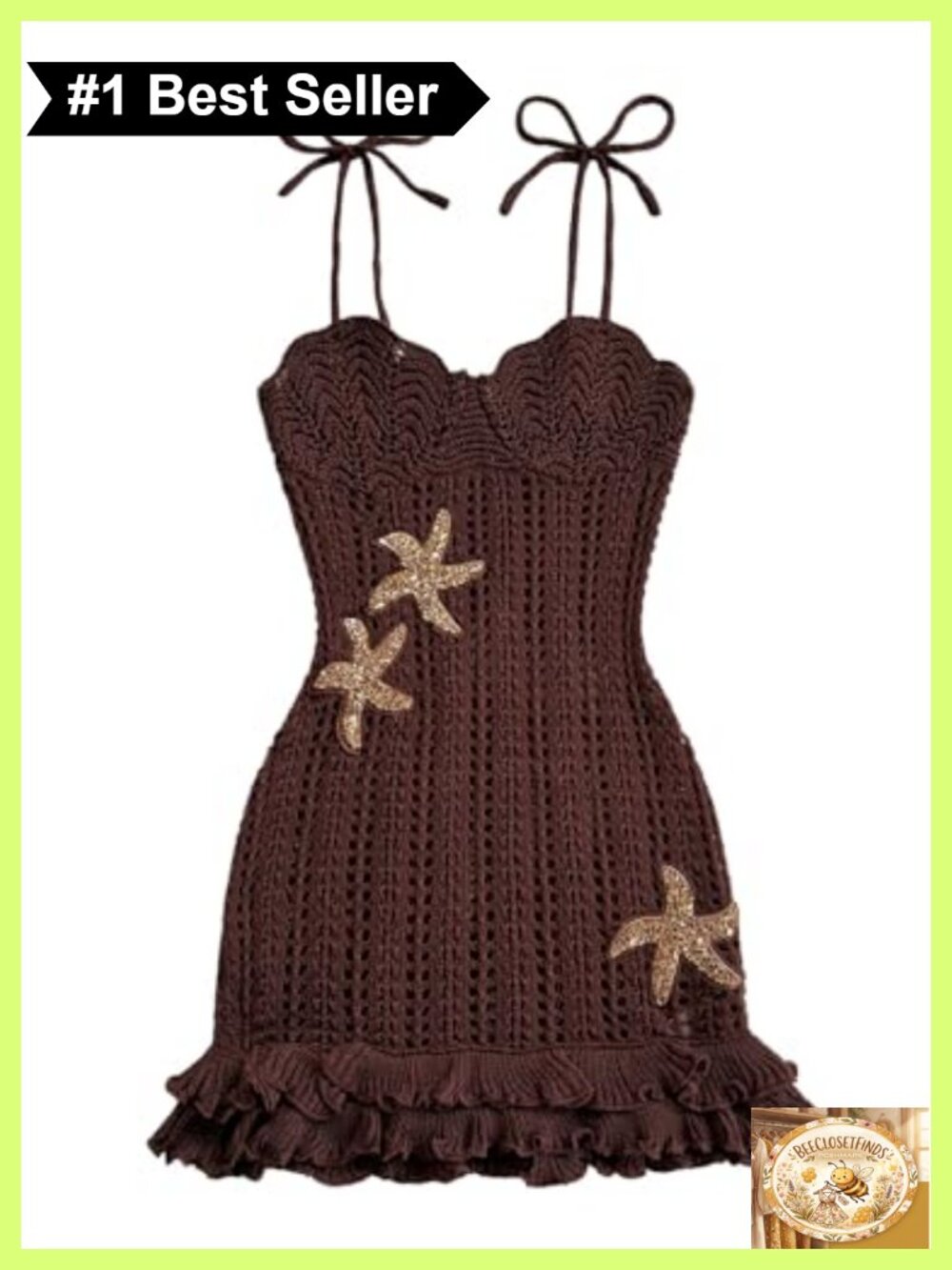 Boho Chic Starfish Crochet Dress Hollow Out Ruffle Tie Shoulder Mini